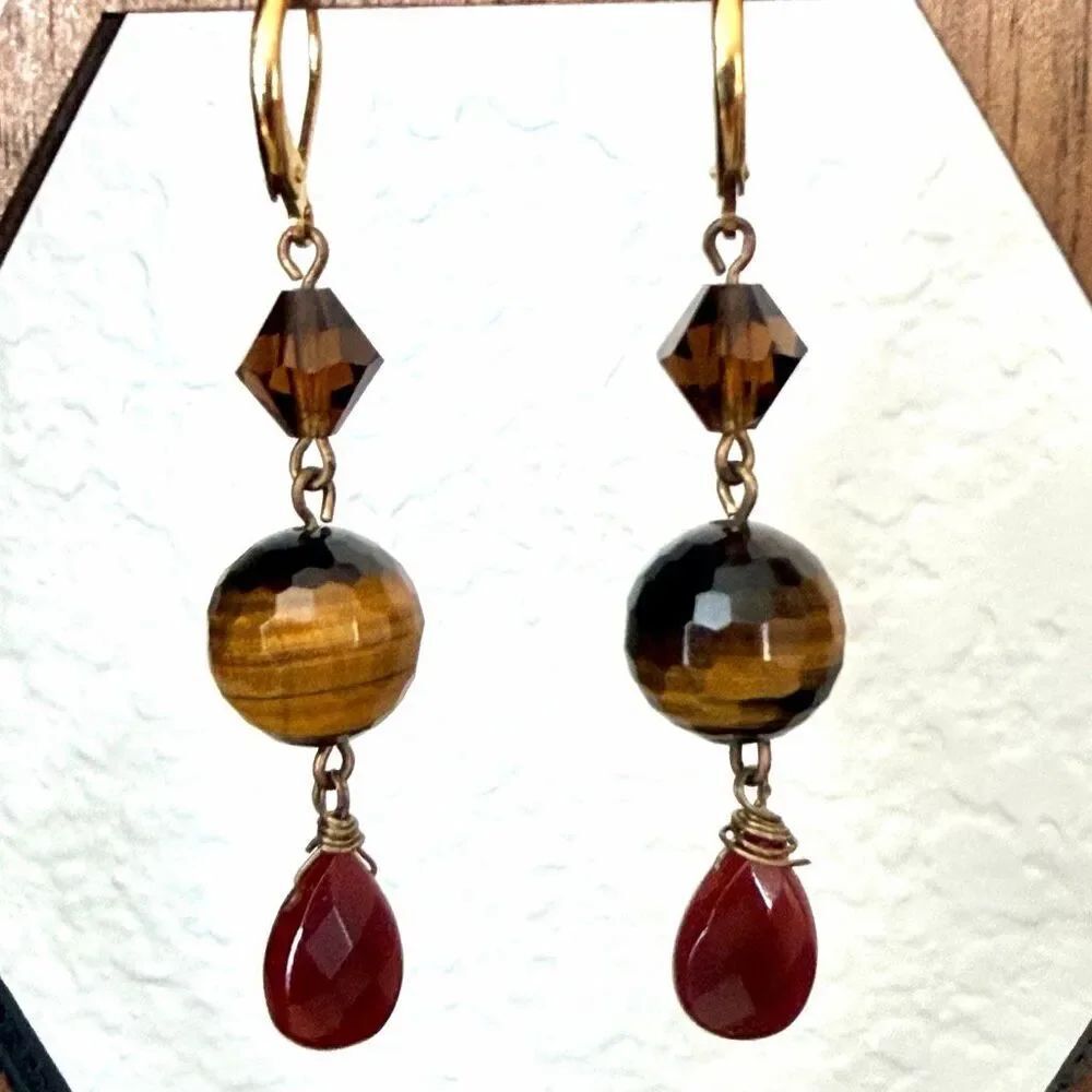 Tiger’s Eye Gemstone Dangle Earrings Gold Tone